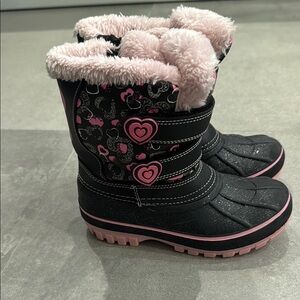 Black and Pink Insulated Winter Boots with Floral Design